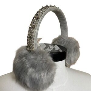 Gray Faux Fur Earmuffs Silver Spiked Beaded Embellished Headband Grunge